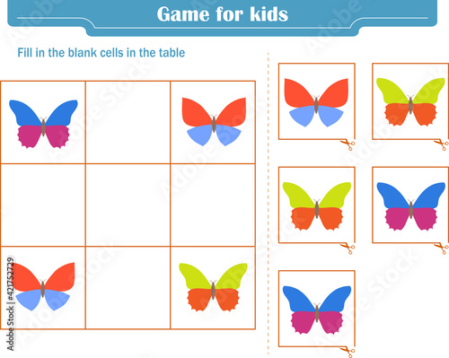  Logic game for children. Fill in the blank cells in the table so that in each row and column the element appears only once