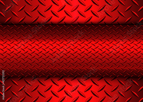 Background red metallic, 3d vector design with diamond plate sheet metal texture.