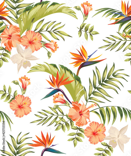 Seamless tropical pattern with palm leaves and hibiscus flowers. Botanical background.