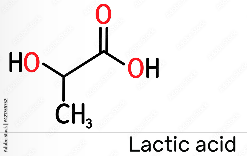 Lactic acid, lactate, milk sugar, C3H6O3 molecule. It is food additive E270 and alpha-hydroxy acid AHA. Skeletal chemical formula
