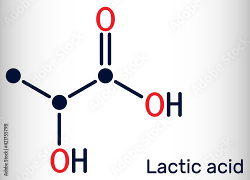 Lactic acid, lactate, milk sugar, C3H6O3 molecule. It is food additive E270 and alpha-hydroxy acid AHA. Skeletal chemical formula