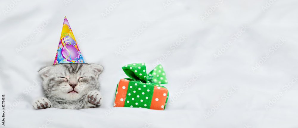 Cute kitten wearing party cap sleeps with gift box under white blanket on a bed at home. Top down view. Empty space for text