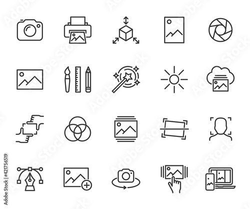 Vector set of image line icons. Contains icons photo, vector image, print, gallery images, filters, sync images, focus and more. Pixel perfect.