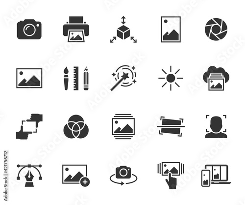 Vector set of image flat icons. Contains icons photo, vector image, print, gallery images, filters, sync images, focus and more. Pixel perfect.