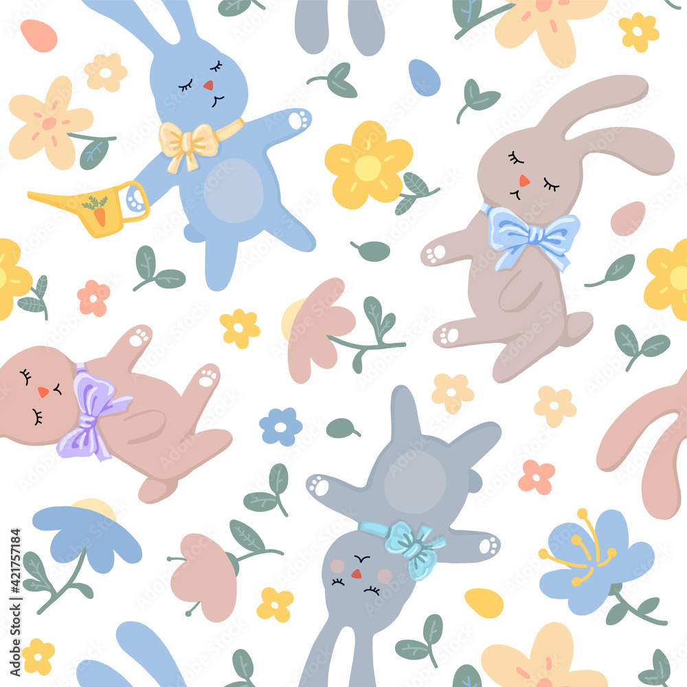 Obraz premium vector seamless pattern. cute spring cartoon gardeners bunnies, plants and flowers. Happy Easter. flat illustration. for baby clothes, fabrics, bed linen, wallpaper, wrapping paper 