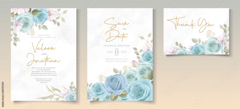 Elegant wedding card design with blue flowers Stock Vector | Adobe Stock