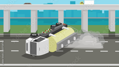 Accident of Chemical truck crashes on the road and chemicals have leaked by smoke from the tank. Obstructing traffic on wide roads.  Under the elevated expressway road and the river and the big city.