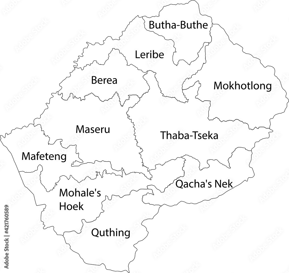 White vector map of the Kingdom of Lesotho with black borders and names of its districts