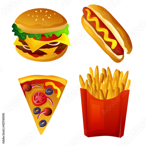 fast food set burger pizza fries hotdog game element icon