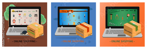 A set of sites for online stores of fishing, camping, construction tool. Vector cartoon illustration of web pages. Laptop pages with corporate identity and logo. Delivery of goods.