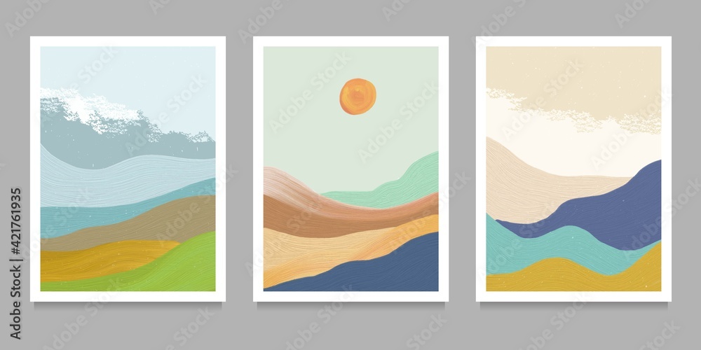 set of creative minimalist hand painted illustrations of Mid century modern. Natural abstract landscape background. mountain, forest, sea, sky, wave