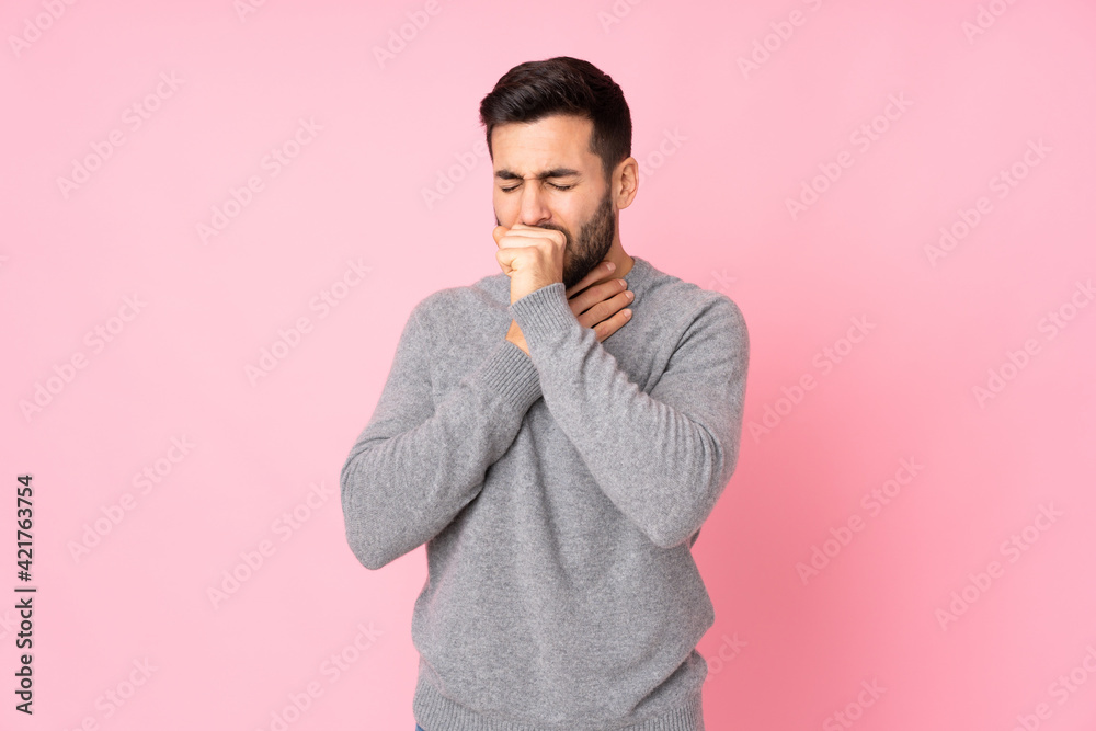 Caucasian handsome man over isolated background coughing a lot Caucasian handsome man over isolated background coughing a lot