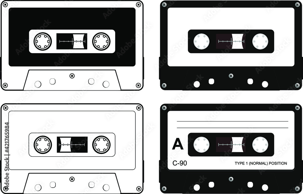 Fototapeta premium Set of plastic cassette, audio tape, retro vector illustration.