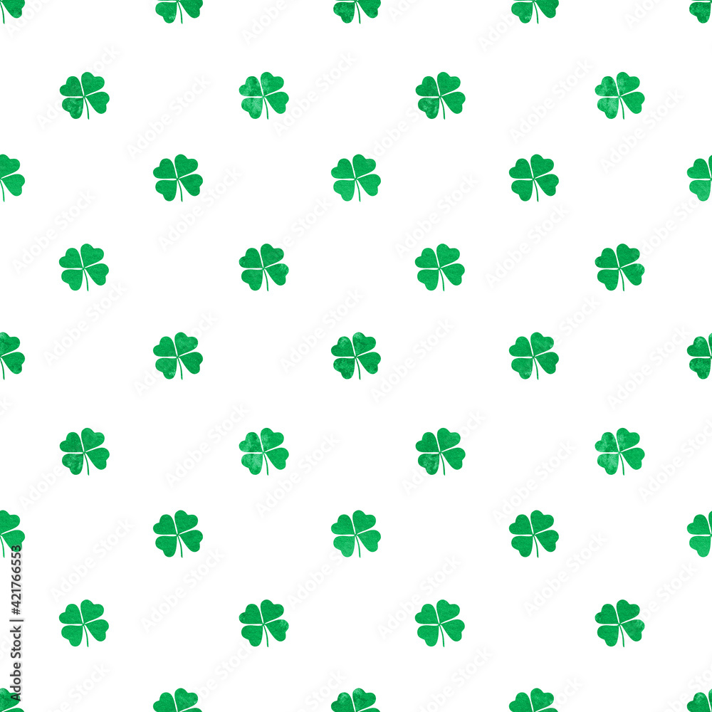 Fototapeta premium Green clover seamless pattern. Abstract watercolor background.