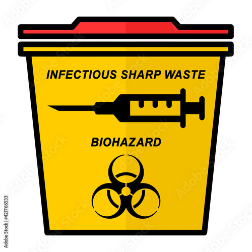 ngi1164 NewGraphicIcon ngi - german - Infektiöser medizinischer Abfall . english - biohazard . cannula container / infectious sharp waste . infection waste bin . syringe with needle . text - g10396 photo