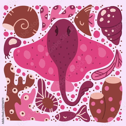 Crampfish hand drawn illustration. Square cartoon poster of pink ocean electric ray with sea plants, fish, shell. Childish t shirt print, cover design. Flat isolated vector. Color elements set
