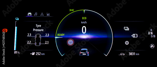 TPMS (Tyre Pressure Monitoring System) monitoring display on electronic instrument cluster. Checking tires pressures. Digital car dashboard with speedometer, odometer and battery range display in EV.