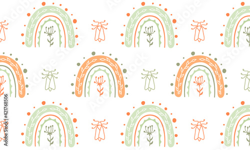 Rainbows seamless pattern. Kids pattern. Baby spring wallpaper for nursery. Vector childish scandinavian background.