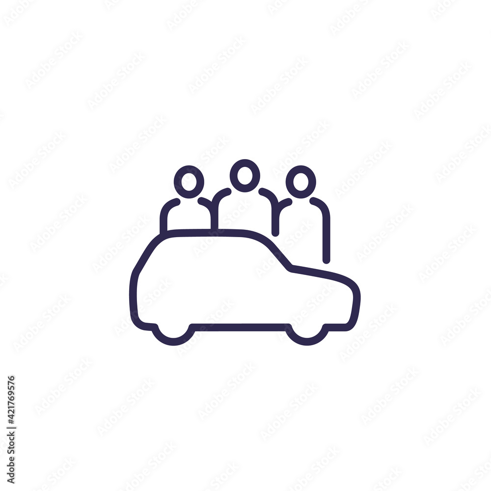 carsharing, carpooling line icon with people and a car carsharing, carpooling line icon with people and a car