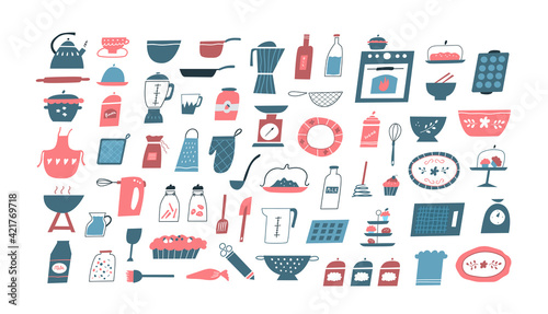 Set of kitchen objects and elements.
