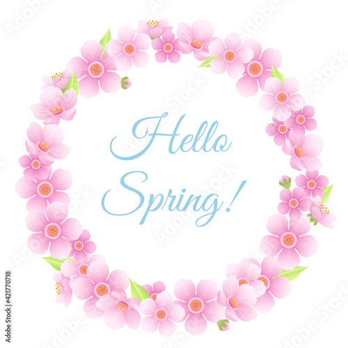 Hello spring banner, сard. Wreath of pink cherry flowers Isolated on white background. Round garland of blossoming sakura and delicate green leaves. Vector floral cartoon illustration. 