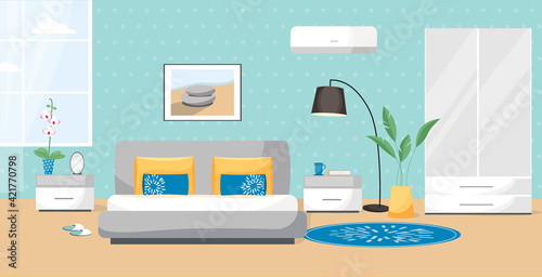 Big set vector illustration of a bedroom. The interior is painted in flat style. Cozy room with a bed, bedside tables, wardrobe, flowers, paintings on the wall, air conditioning