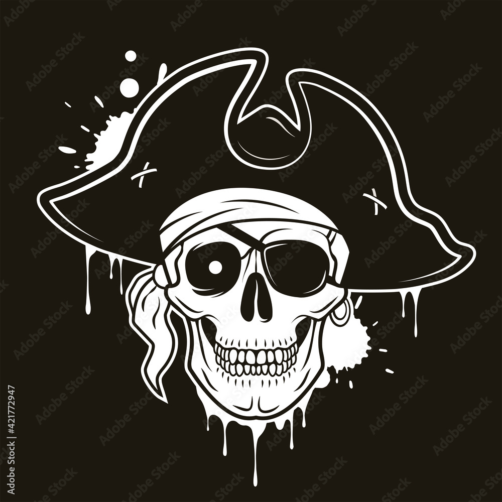 Fototapeta premium Pirate skull with eye patch, hat, bandana, glowing eye. Vector hand drawn cartoon illustration isolated on black background
