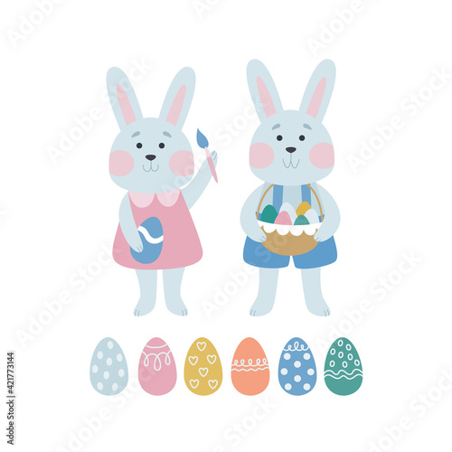 Happy Easter. A collection of vector illustrations with Easter bunnies and colored eggs. Cute holiday design for sticker, postcard, decor in delicate colors