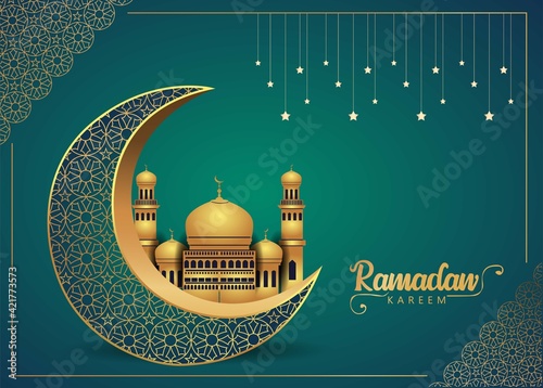 Crescent Islamic with Hanging Lantern for Ramadan Kareem and eid mubarak. Golden Half Moon pattern,background.vector illustration.