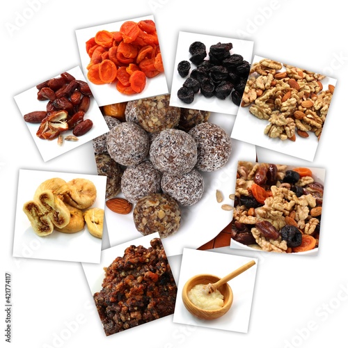 Healthy energy candies made from dried fruits and nuts . Raw vegan candy. Dried fruits. Recipe for making homemade sweets with nuts. Set of ingredients