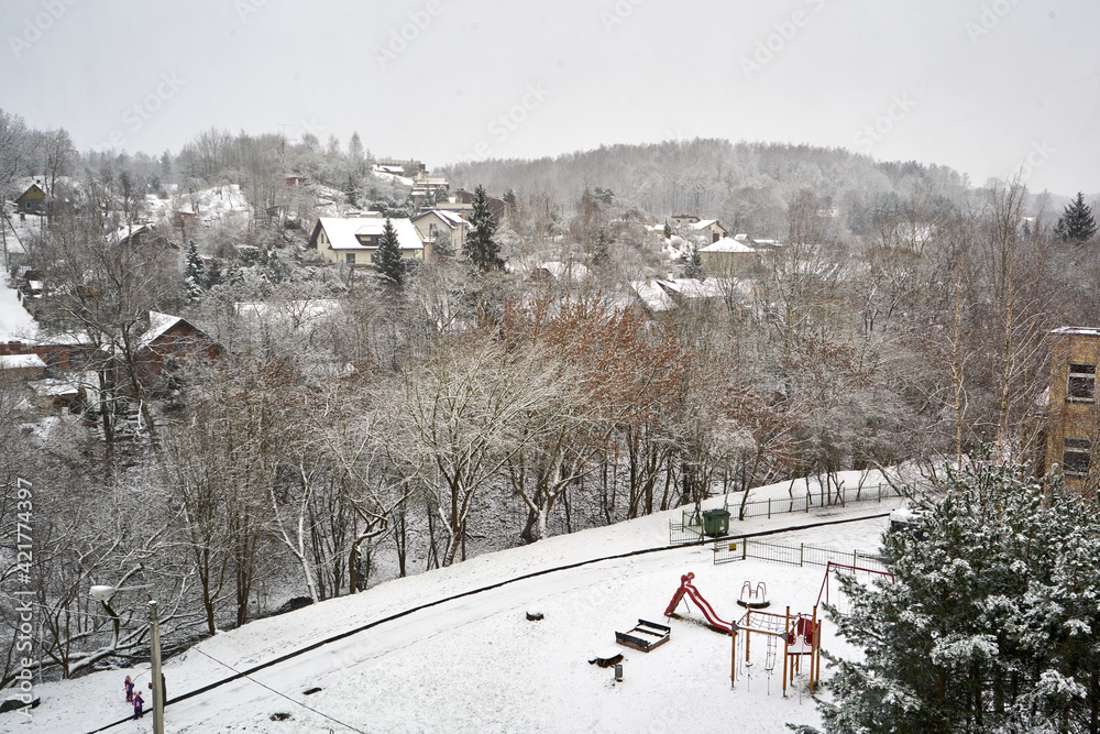 The snowy city landscape in the winter. Hill with forest. 