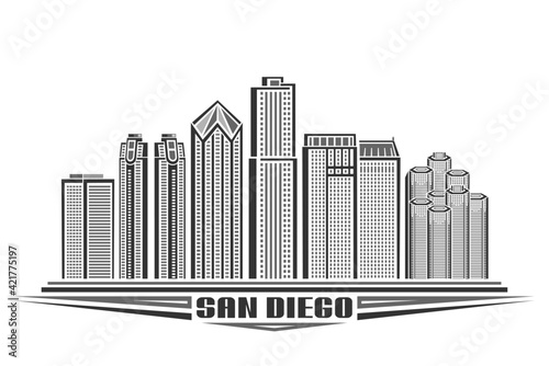 Vector illustration of San Diego, monochrome horizontal poster with outline design of famous american city scape, urban concept with unique decorative type for black word san diego on white background