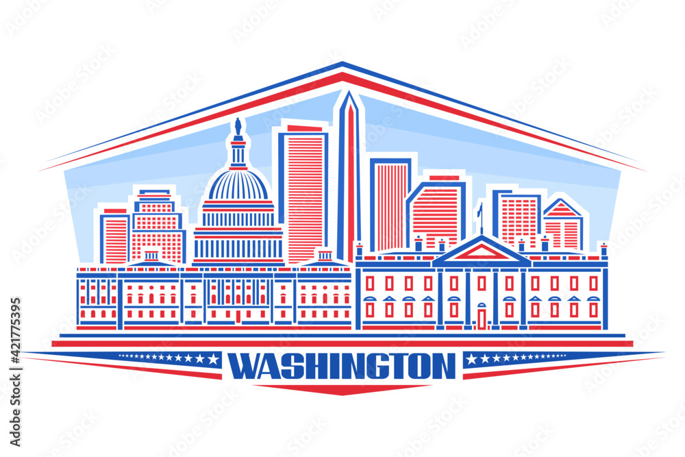 Vector illustration of Washington, horizontal poster with outline design washington city scape on day background, line art concept with unique font for word washington and decorative stars in a row.
