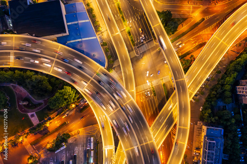 Photography Aerial view of Nanpu Bridge at night in Shanghai,China.