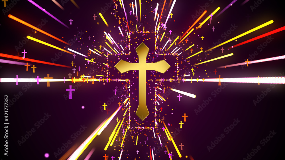 Sweet Colorful Light Streaks Burst From Gold Cross Jesus Symbol And