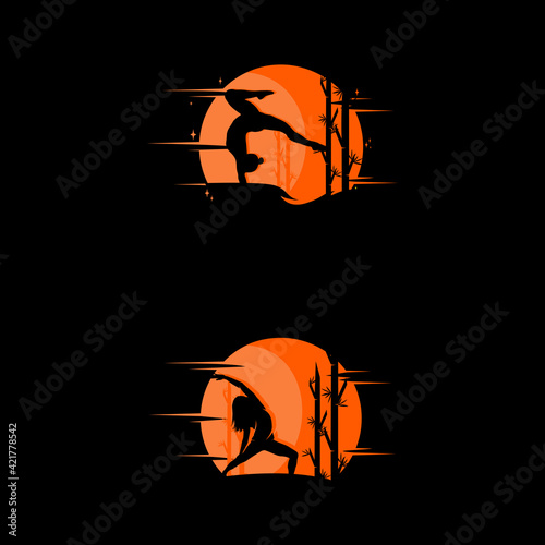 Yoga pose logo on sunset outline silhouette. vector illustration