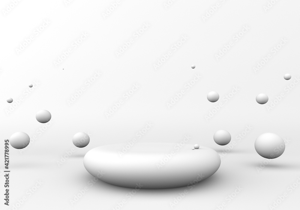 White spheres of balls around of podium. Realistic 3d shapes. Horizontal banner, poster, header pattern for the website. 3d illustration.