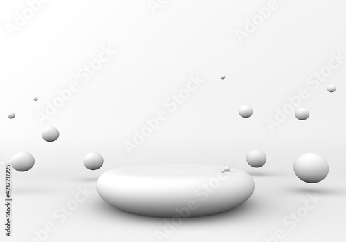 White spheres of balls around of podium. Realistic 3d shapes. Horizontal banner, poster, header pattern for the website. 3d illustration. © CUPCO