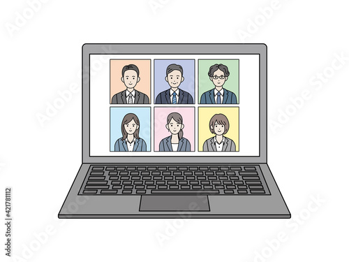 リモートワーク　テレワーク　ネットワーク　ノートパソコン　会社員　男女　イラスト素材