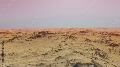 Exoplanet fantastic landscape. Beautiful views of the mountains and sky with unexplored planets. 3D illustration