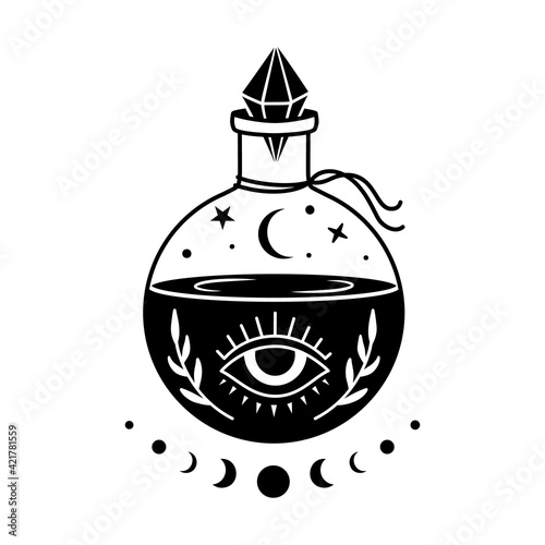 Witchcraft potion bottle. boho mystical monochrome illustration. Bottle silhouette with magic elixir or poison. Occult vector symbol. Alchemy design element. Esoteric mystic poster.