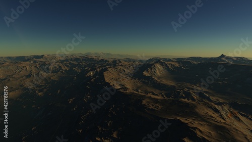 Exoplanet fantastic landscape. Beautiful views of the mountains and sky with unexplored planets. 3D illustration