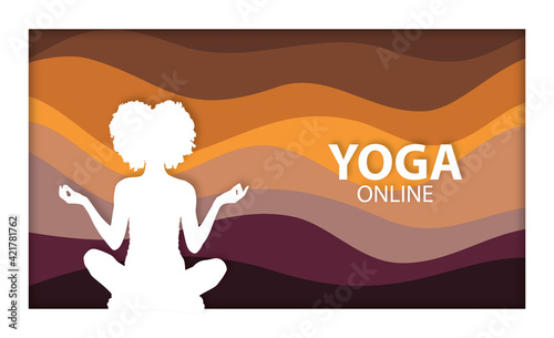 Yoga online banner, papercut woman afro hairstyle silhouette vector doing  lotus pose, colorful wave wallpaper