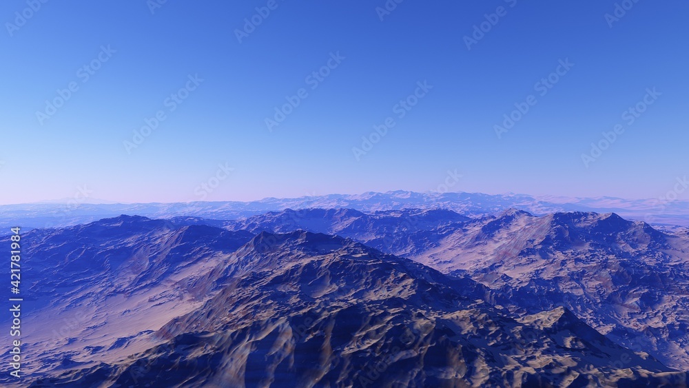 Exoplanet fantastic landscape. Beautiful views of the mountains and sky with unexplored planets. 3D illustration