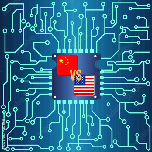 Circuit board with USA vs China flag vector background.