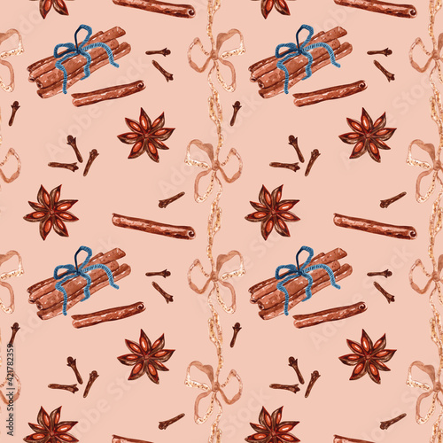 Seamless pattern with watercolor illustrations of spices.