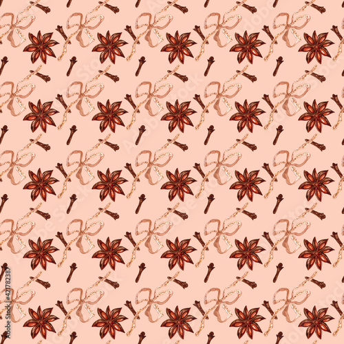 Seamless pattern with watercolor illustrations of anise and cloves.