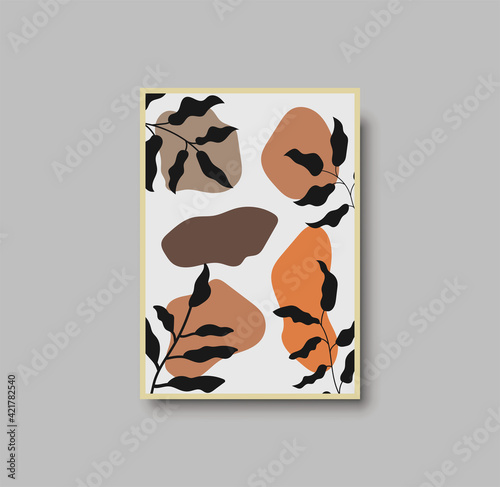 Botanical wall art abstract vector. Foliage line drawing. Neutral boho art print. Minimal mid century wall art print for bedroom decor. Gallery decor poster, terracota watercolor. Vector illustration