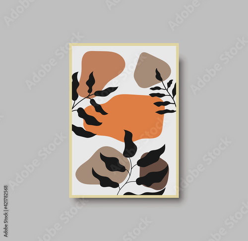 Botanical wall art abstract vector. Foliage line drawing. Neutral boho art print. Minimal mid century wall art print for bedroom decor. Gallery decor poster, terracota watercolor. Vector illustration