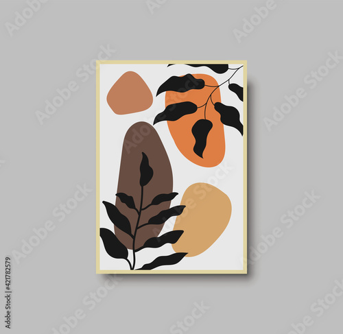 Botanical wall art abstract vector. Foliage line drawing. Neutral boho art print. Minimal mid century wall art print for bedroom decor. Gallery decor poster, terracota watercolor. Vector illustration